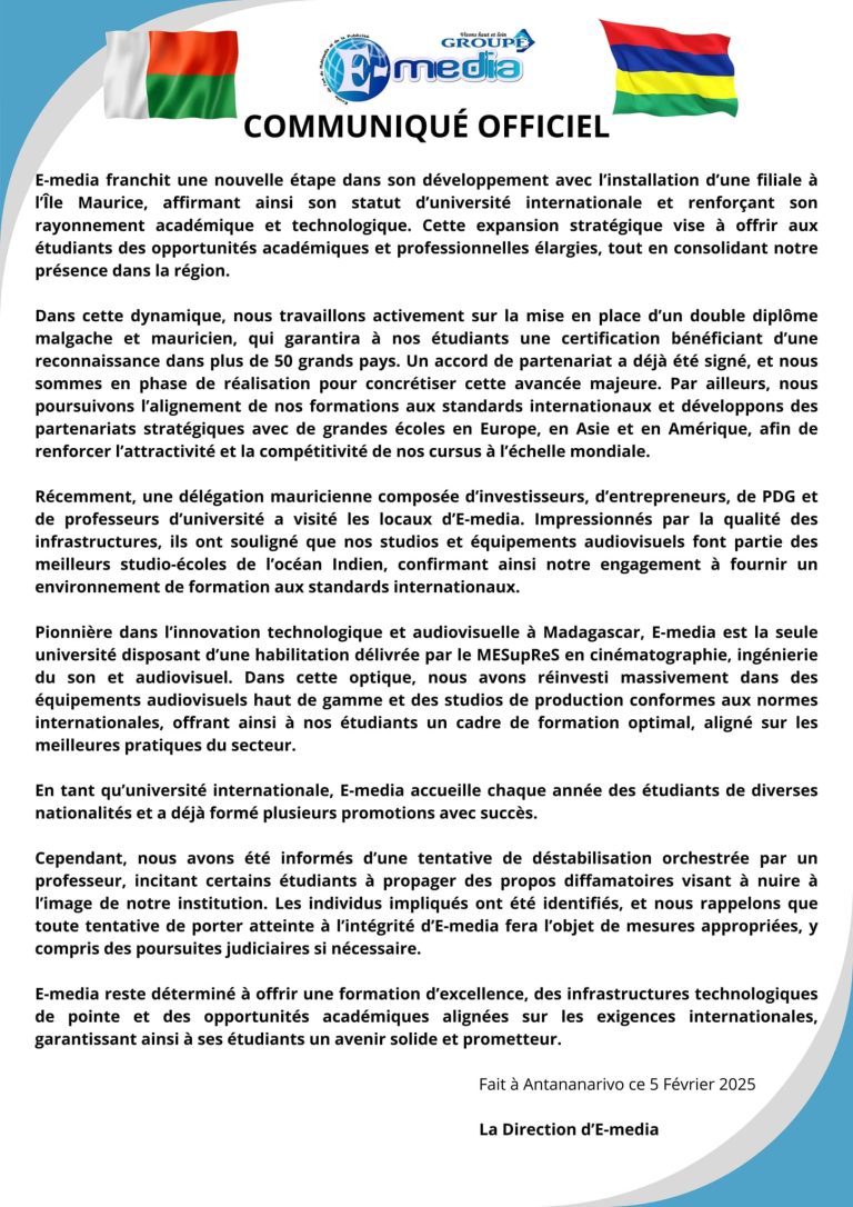 L’Université Emedia Madagascar envisage une implantation future à l’île Maurice, puis en Afrique
